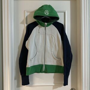 Lululemon L/XL Scuba Hoodie White Green Stretch Full Zip Women’s Athletica